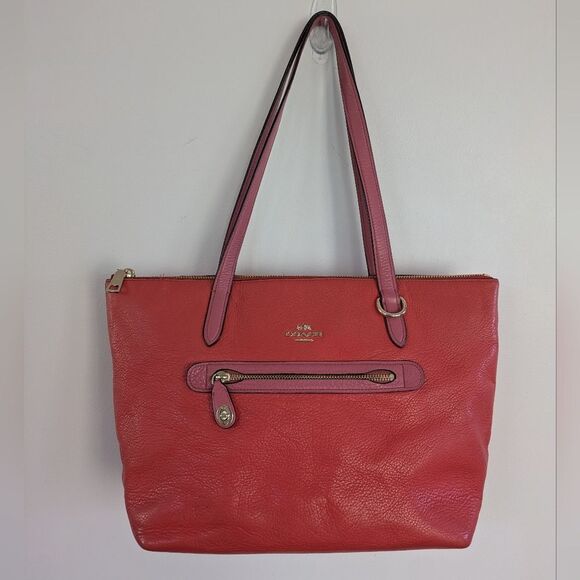 Coach Taylor pink red coral zipper clasp shoulder bag tote - Picture 1 of 16